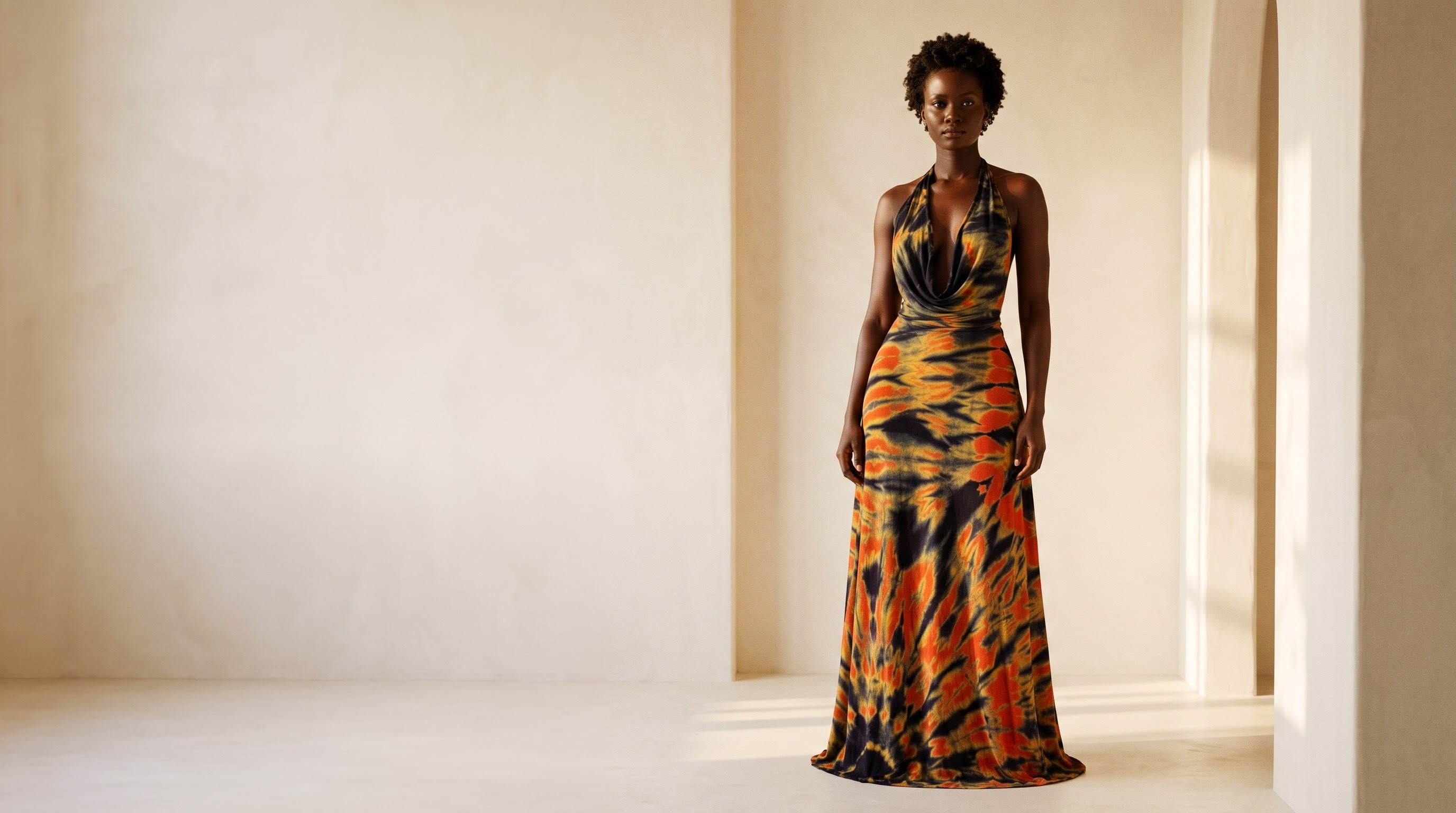 Black West African model wearing Rama's charcoal, orange, and gold Zuri Ember Halter gown
