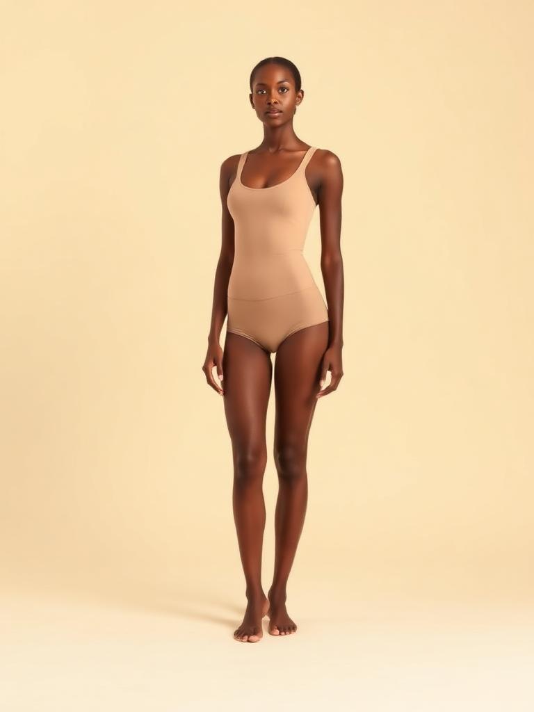 Studio reference of a tall model standing straight in plain sand basics