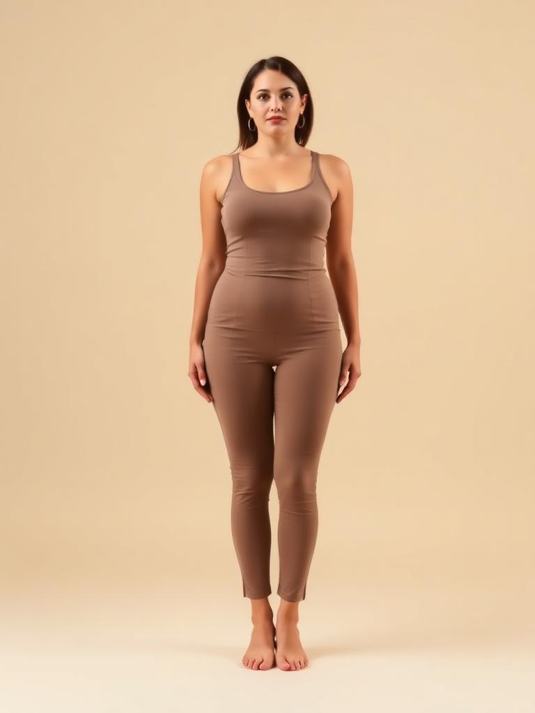 Studio reference of a curvy model standing straight in plain taupe basics