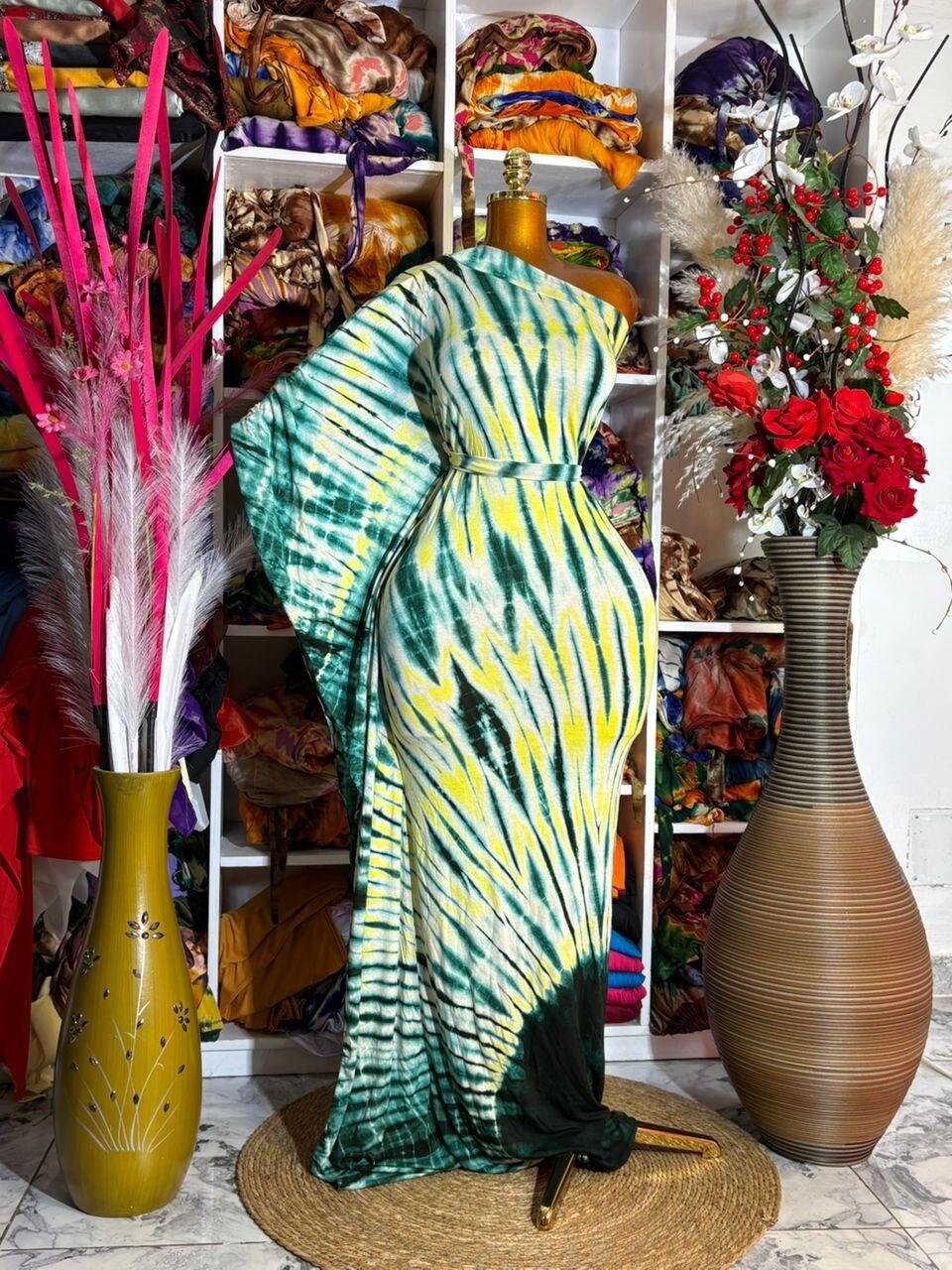 Awa Palm Column in green, ivory, and citron displayed on a mannequin