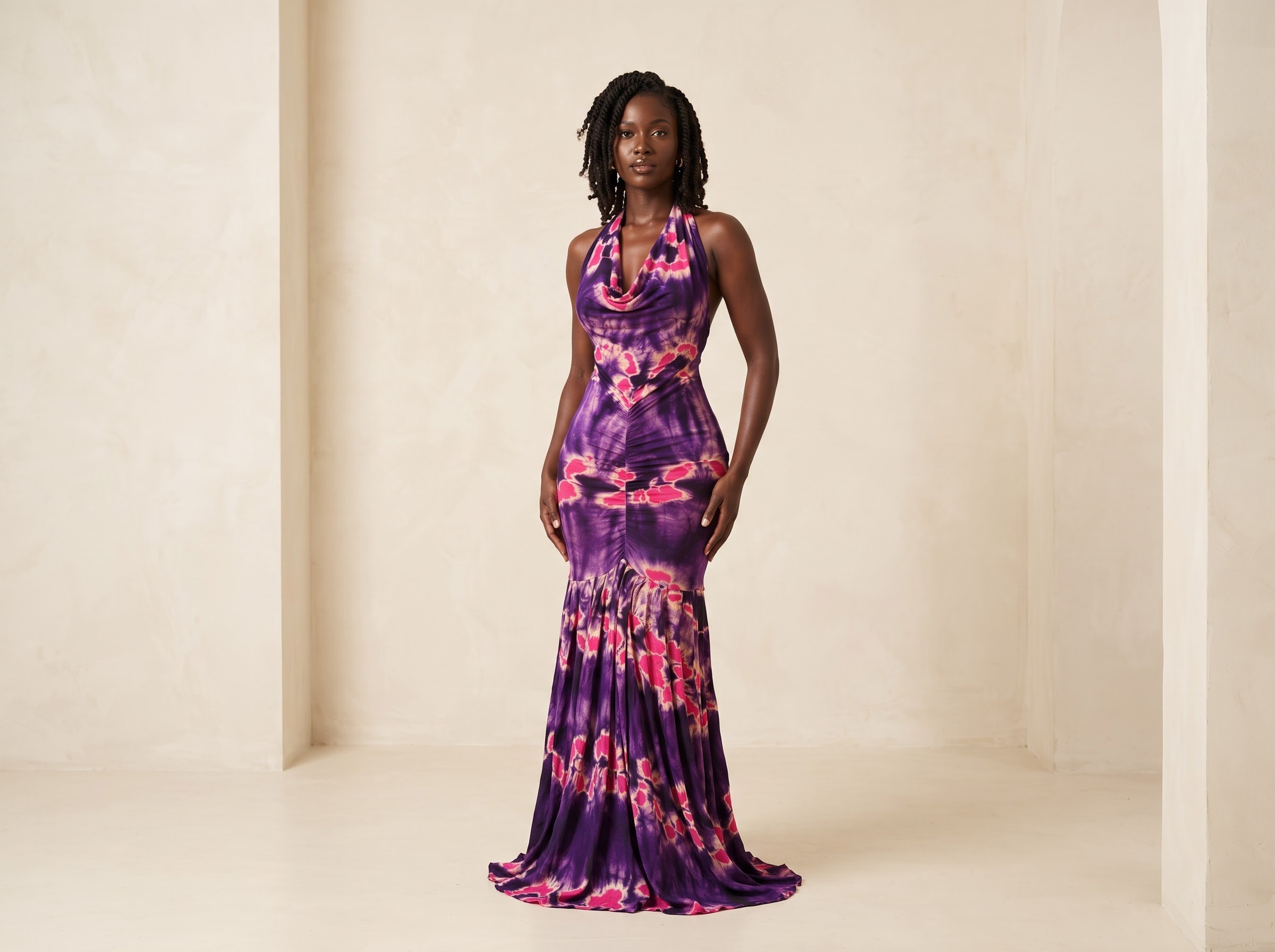 Black West African model wearing Rama's violet and magenta Yara Orchid Halter gown